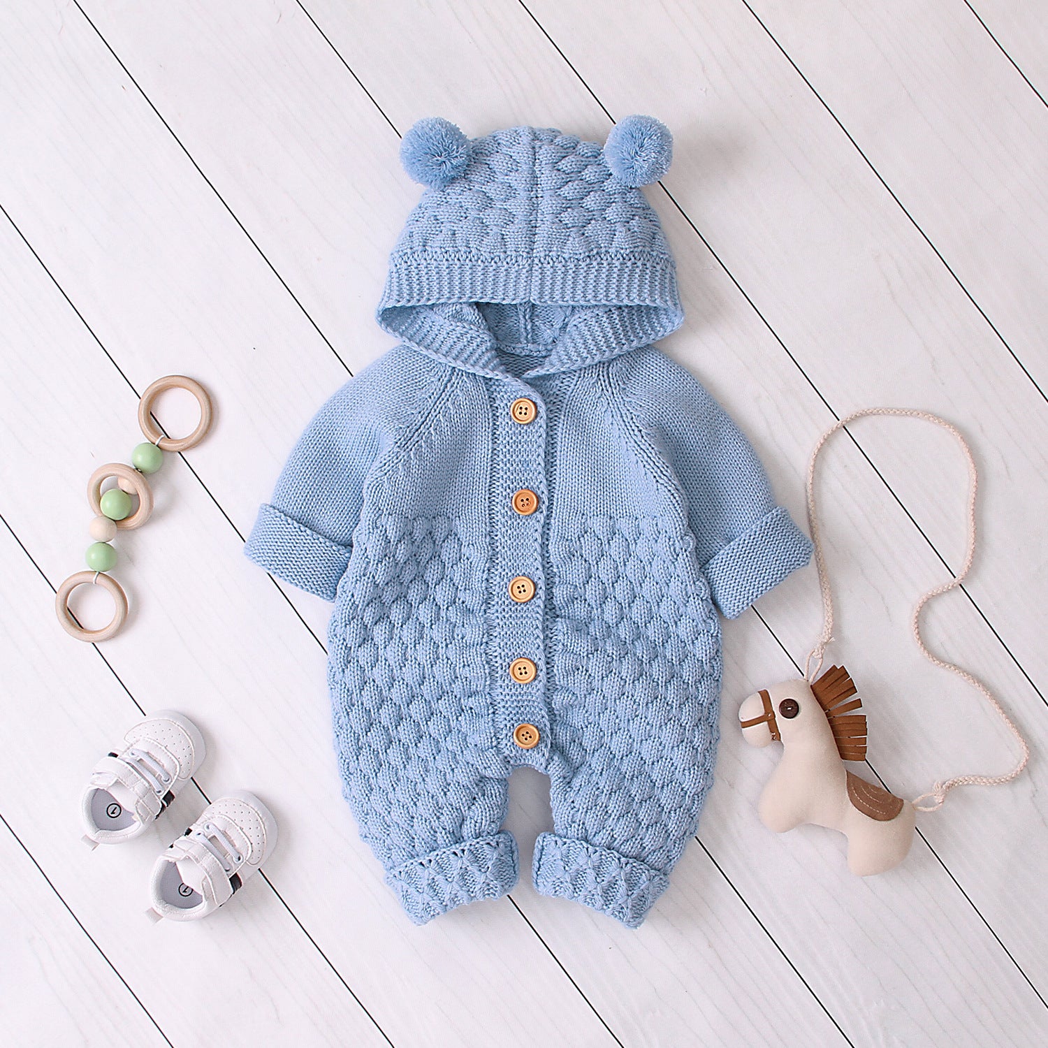 Hooded Knitted Baby Jumpsuit – Warm Winter Knit Romper for Infants & Toddlers