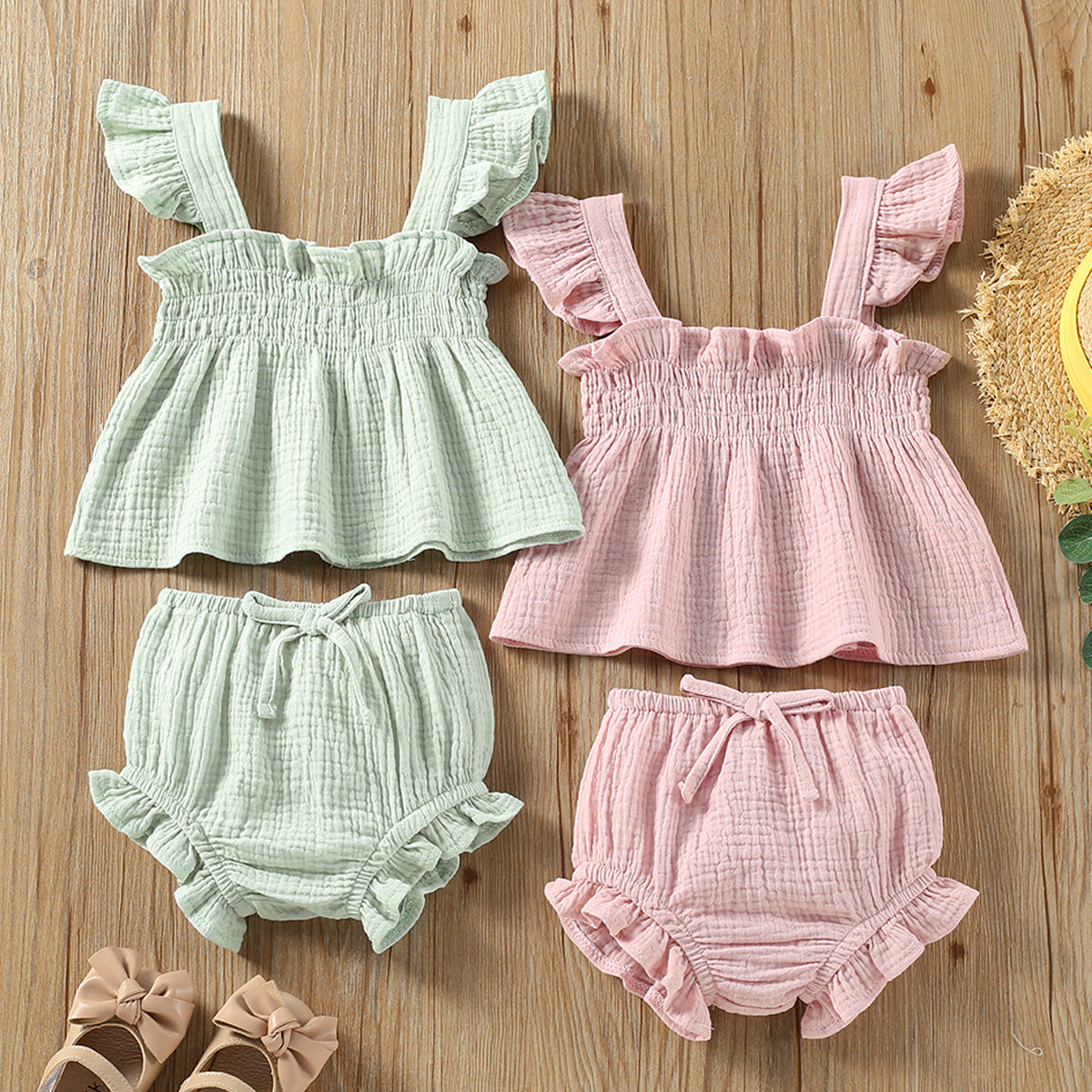 Girls Solid Color Summer Outfit – Sling Tank Top & Hot Pants 2-Piece Set