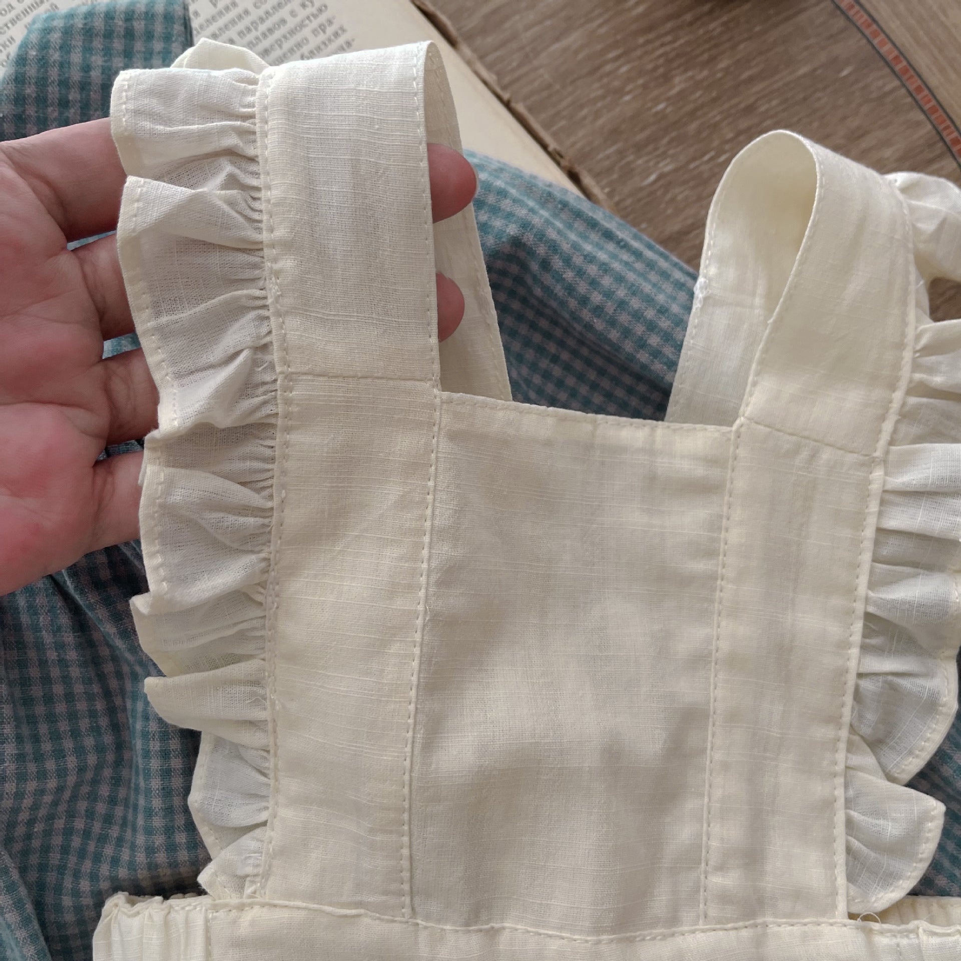 Infant Long Sleeve Single-Breasted Plaid Romper with Sling Overskirt