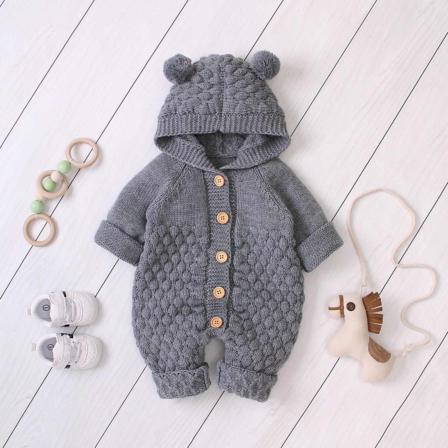 Hooded Knitted Baby Jumpsuit – Warm Winter Knit Romper for Infants & Toddlers