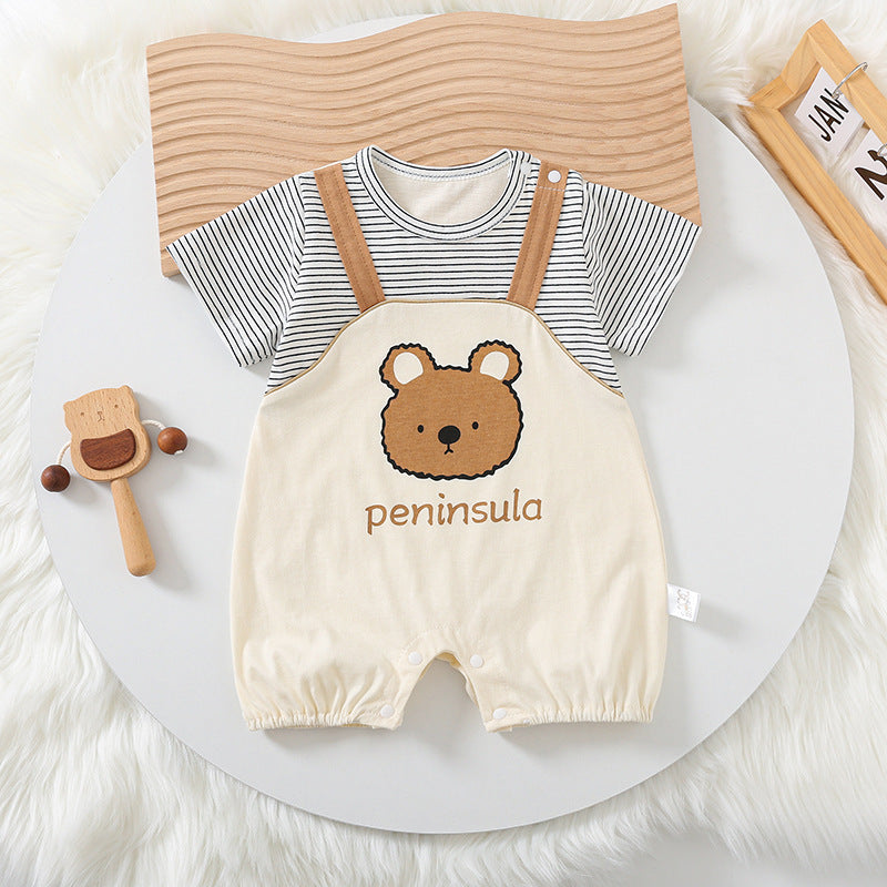 Cartoon Bear Print Baby Romper – Short Sleeve Cotton Onesie for Newborns & Toddlers