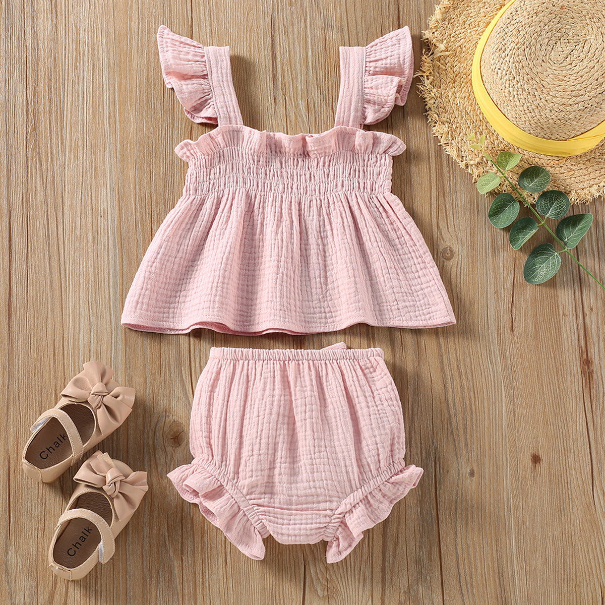 Girls Solid Color Summer Outfit – Sling Tank Top & Hot Pants 2-Piece Set