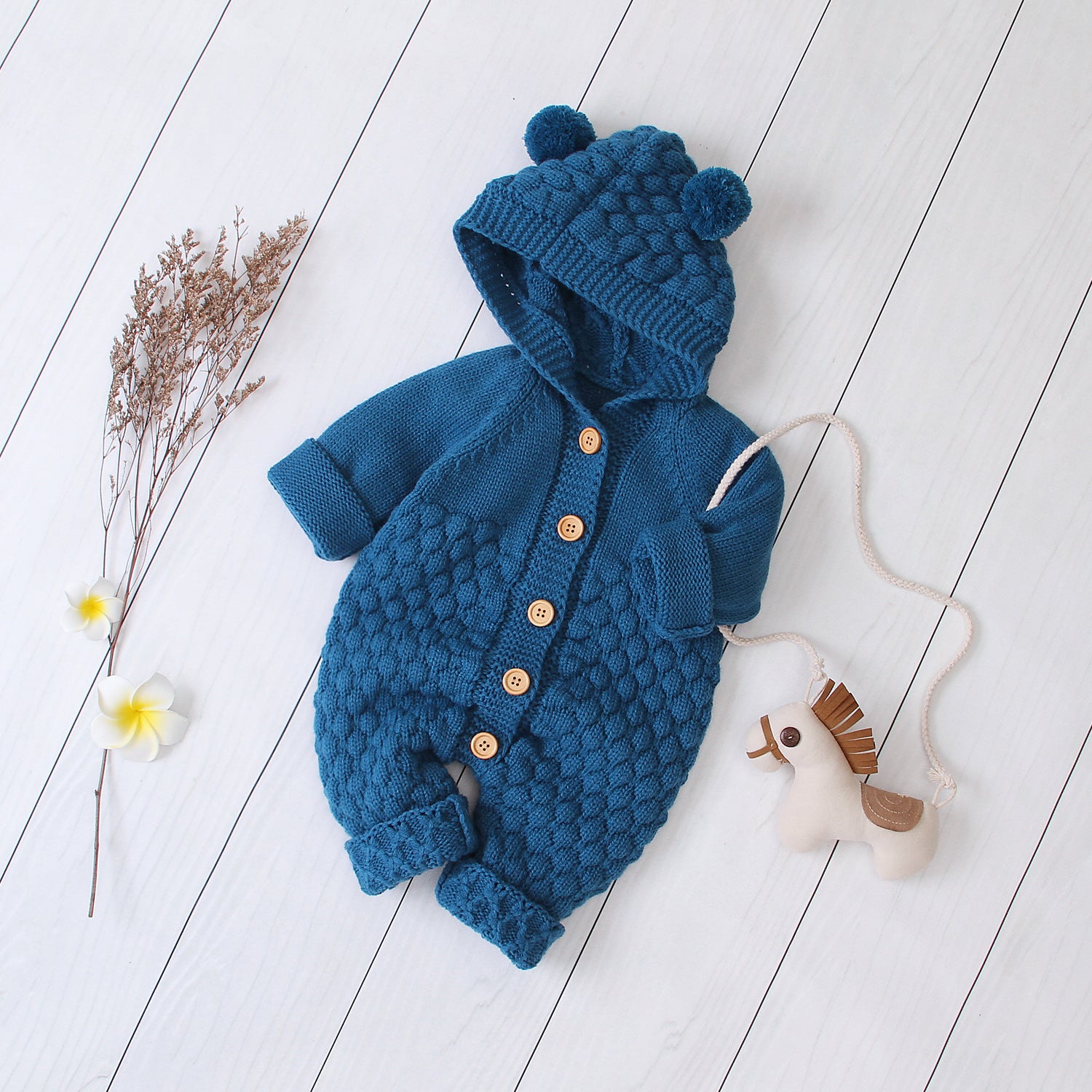 Hooded Knitted Baby Jumpsuit – Warm Winter Knit Romper for Infants & Toddlers