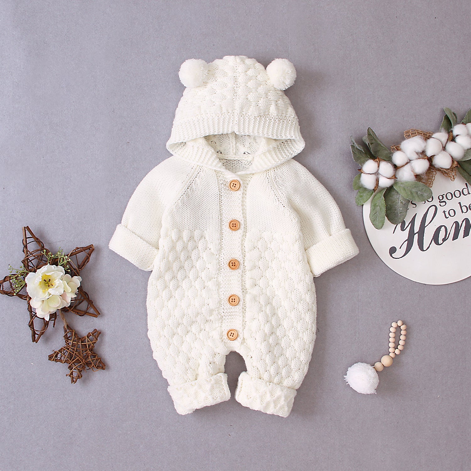 Hooded Knitted Baby Jumpsuit – Warm Winter Knit Romper for Infants & Toddlers