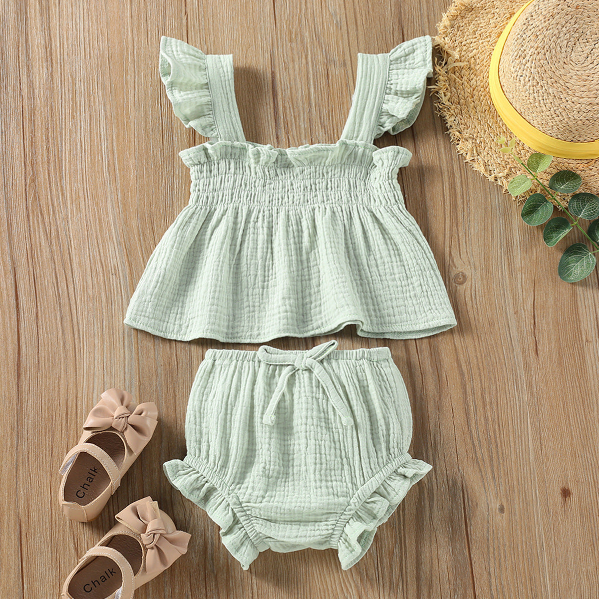 Girls Solid Color Summer Outfit – Sling Tank Top & Hot Pants 2-Piece Set